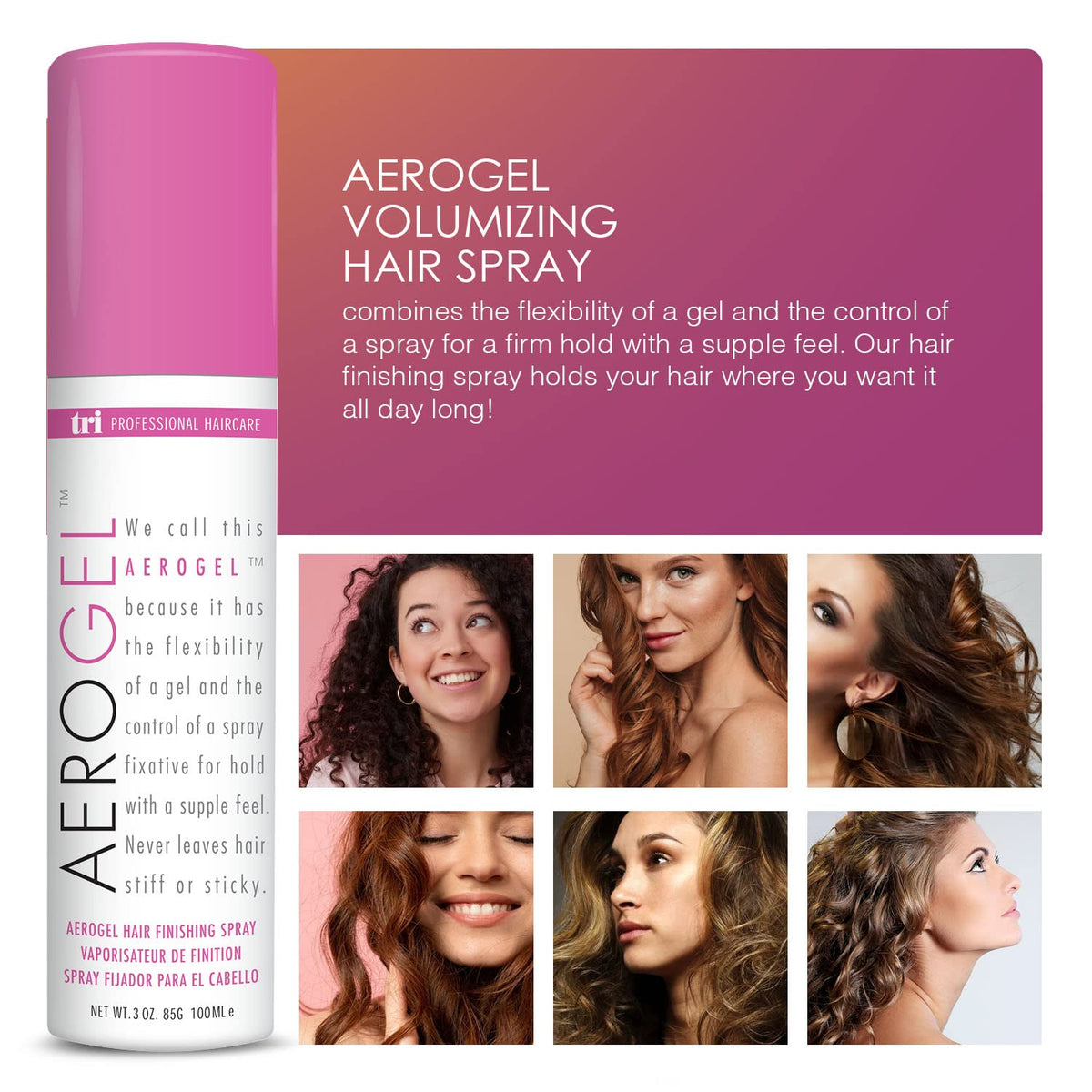 TRIDESIGN Aerogel Hairspray - Strong Hold Hair Finishing Spray for Volumizing & Control, Flexible Styling for All Hair Types, Non-Sticky and Scented - For Women and Men - Travel Size Pack of 2 (3 Oz)