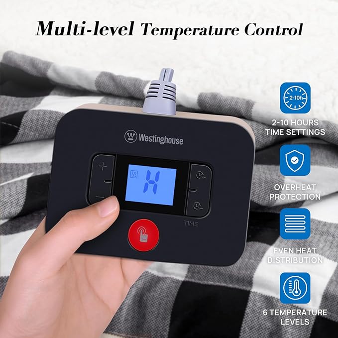 Westinghouse Full Size Heated Blanket Electric Blanket, Flannel & Sherpa Heating Blanket with10 Heating Levels & 1 to 12 Hours Heating Time Settings, Fast Heating Blanket Black Plaid, 72x84 Inches