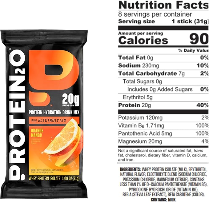 Protein2o 20g Whey Protein Isolate Clear Protein Powder, 370mg of Electrolytes, Vitamins B5 & B6, Sugar Free, Orange Mango, 16-Pack