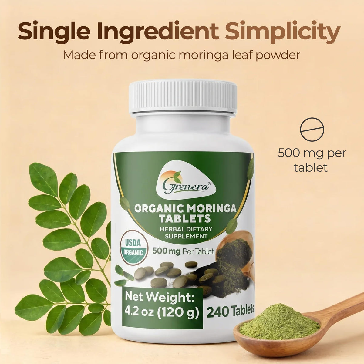 Grenera Organic Moringa Leaf Tablets 500 mg – 240 Count