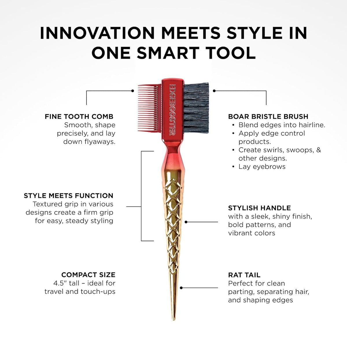 STYLE FACTOR EDGE BOOSTER® Hammer Brush Rat Tail– Double-Sided Edge Control Brush & Comb with Boar Bristles – For Edges, Slick Backs, Baby Hair Styling, and Taming Flyaways- Travel Size