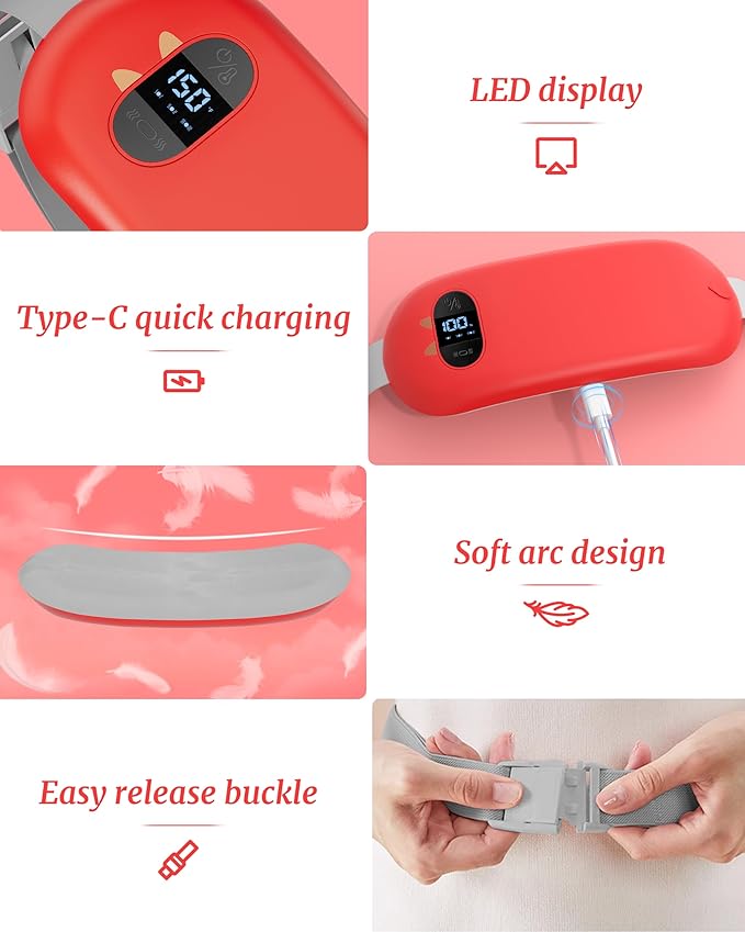 Portable Heating Pad for Cramps, Upgrade Cordless Electric Period Fast Heating Pad for Back Pain Relief Menstrual Belt 6 Heat 6 Massage Modes Gifts for Women Girls Her Girlfriend Red