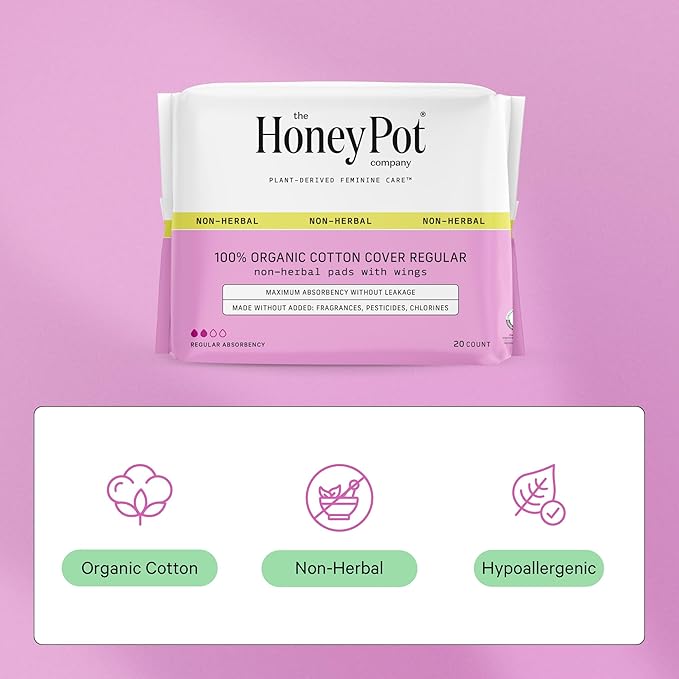 The Honey Pot Company - 80 ct - Sanitary Pads for Women - Non-Herbal Regular Flow w/Wings - Organic Cotton Cover & Ultra-Absorbent Pulp Core - Feminine Care - FSA & HSA Eligible