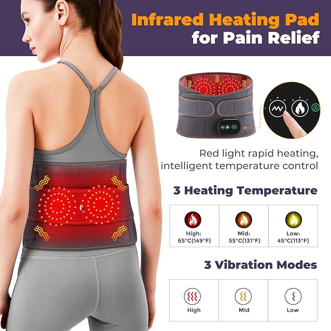 Cordless Heating Pad for Back, Lower Back Massager, Heated Back Brace with 3 Heating & Vibration Modes, Lumbar Support Belt for Men & Women