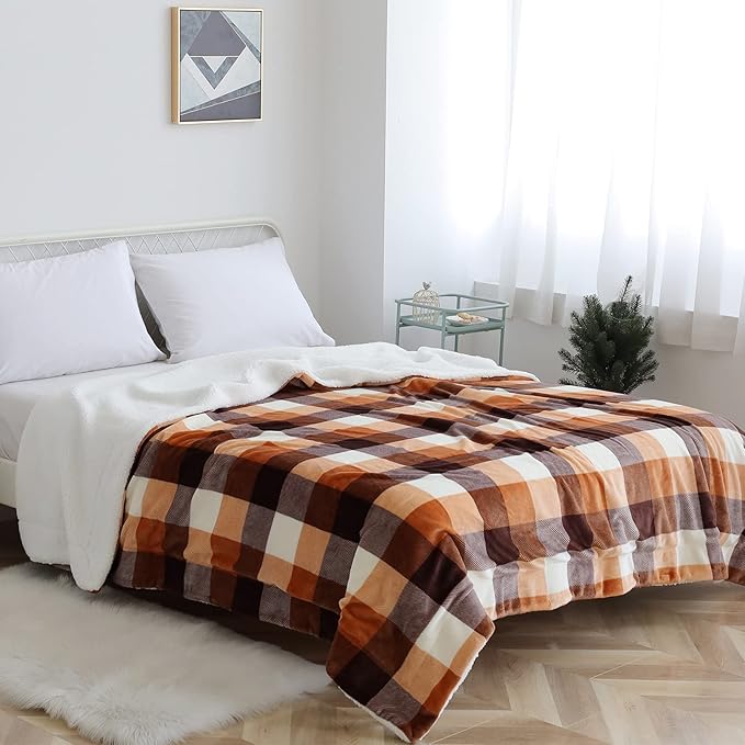 SOCHOW Buffalo Plaid Sherpa Fleece Throw Blanket, Double-Sided Checkered Super Soft Luxurious Bedding Blanket 60 x 80 inches, Orange