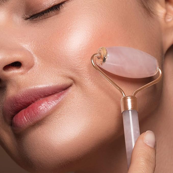 Jade Roller For Face - Authentic Rose Quartz Facial Rollers for Women, Pink Jade Roller and Gua Sha Set Face Roller Skin Care Reduce Wrinkles, Anti-Aging, Dark Circles + Eye Puffiness Valentines Gifts