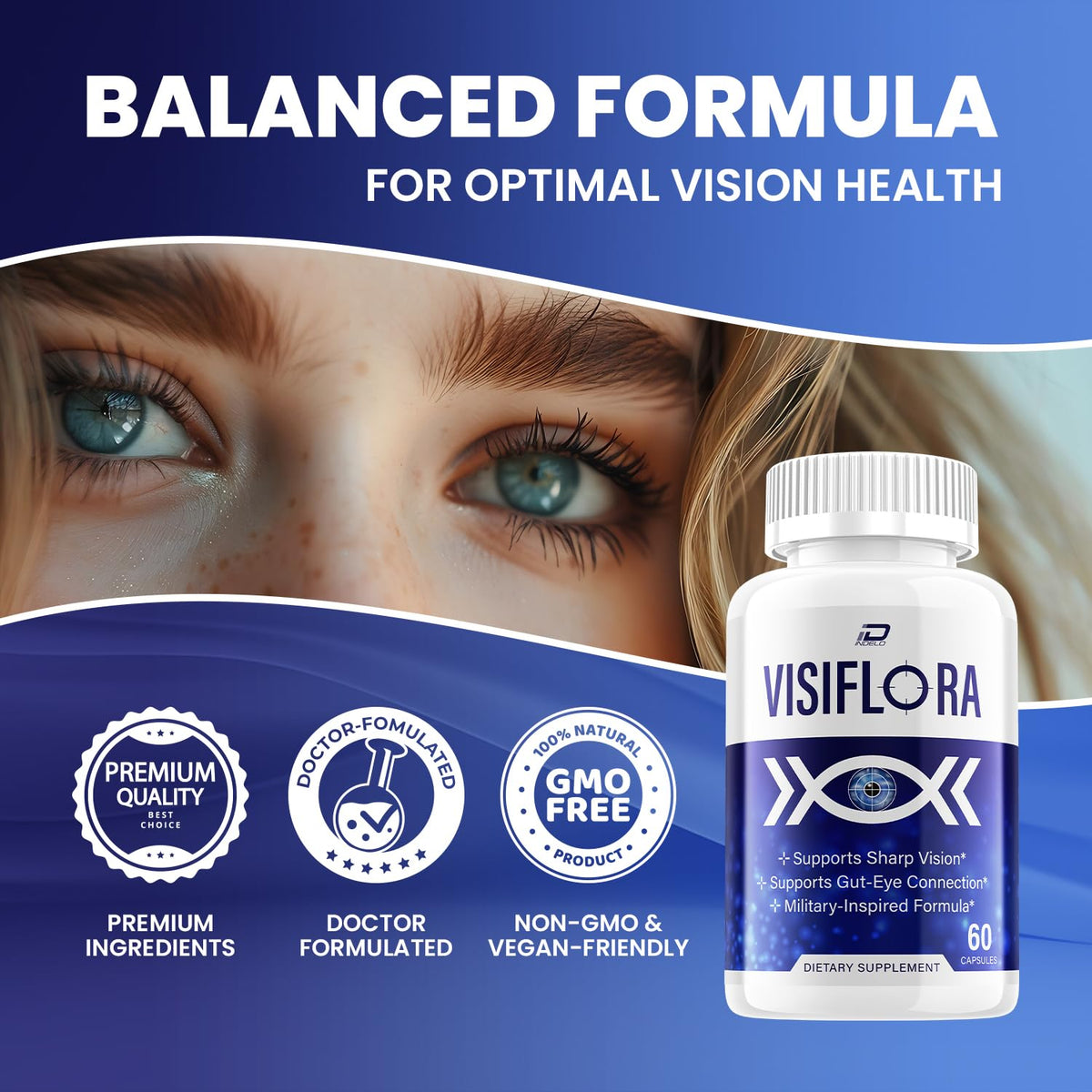 Indelo Visiflora Visual Support Supplement - Visi Flora Advanced Formula for Healthy Vision - 3 Pack - 180 Capsules