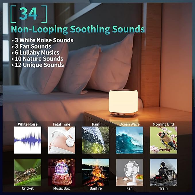 White Noise Machine with 7 Color Night Light and 34 Sleep Aid Sounds for Soothing Emotions, Promoting Sleep, Sound Machine with Timer Adjustable Brightness for Baby Kids Adults（S）