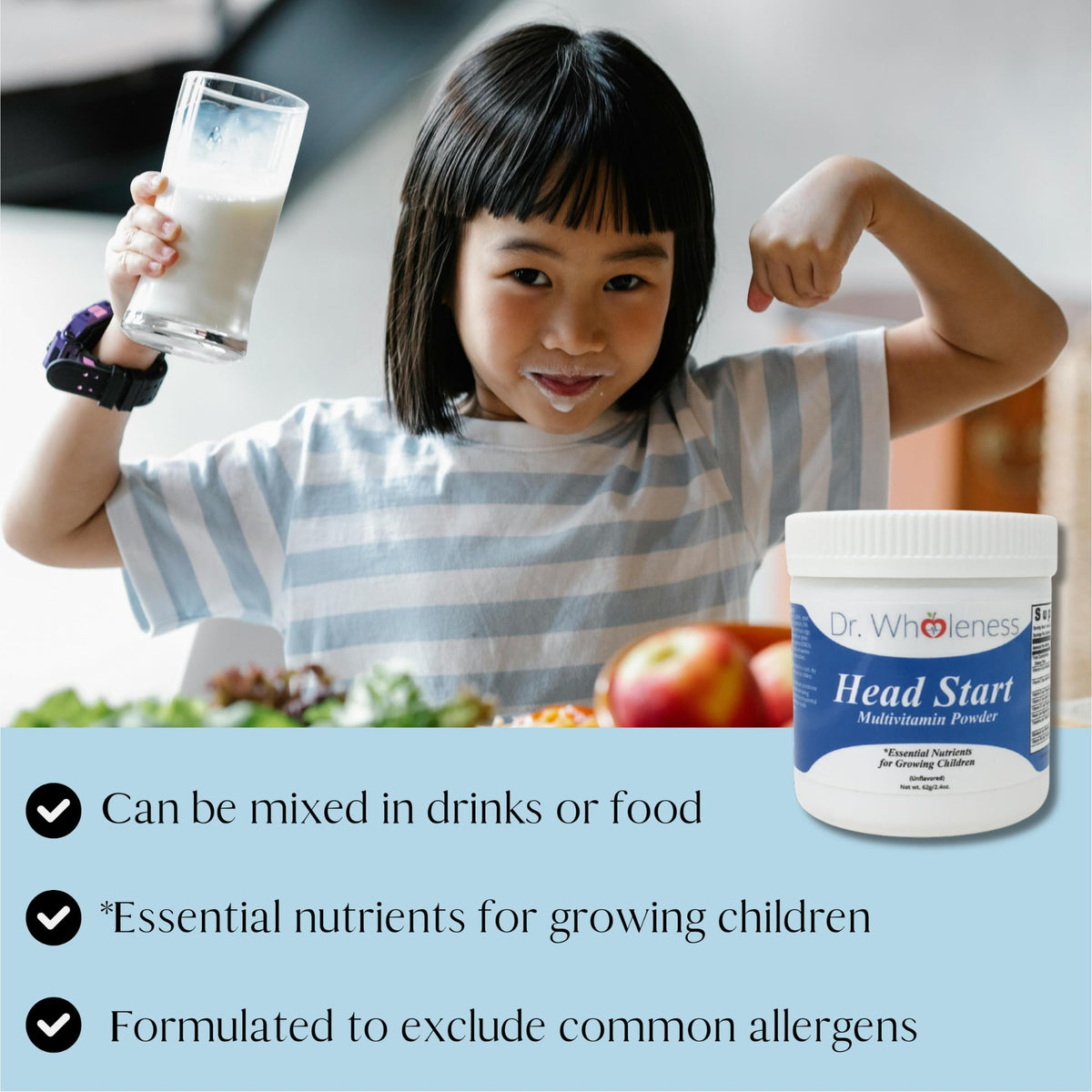 Dr. Wholeness Head Start Multivitamin Powder | Essential Nutrients for Growing Children, Methylated B-Vitamins, Easy to Mix, No Flavors, Sweeteners, or Preservatives | 60 Servings - 2.4 oz