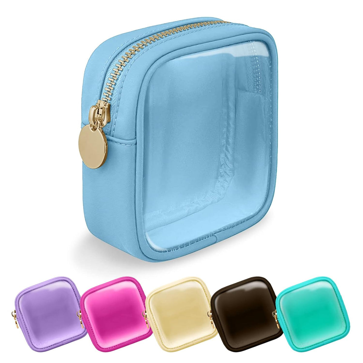 Clear Mini Makeup Bag for Purse, Small Nylon&PVC Cosmetic Travel Bag TSA Approved Toiletry Bag with Zipper, Preppy Transparent Makeup Travel Bag Coin Purse for Women Men Girls(Mini-Blue)