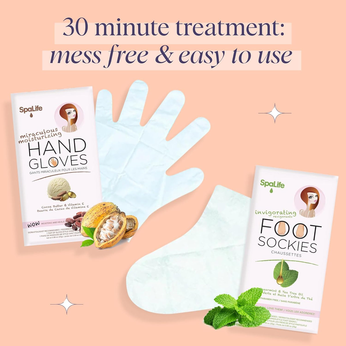 SpaLife Moisturizing Hand Gloves and Foot Sockies Bundle - 4 Hand Gloves & 4 Foot Sockies Set for Hydrating Dry, Cracked Hands and Feet - Repairing Skincare Mini Gift Set