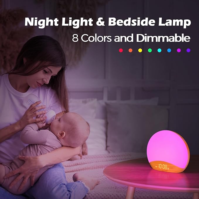 REACHER Wood Grain Sunrise Alarm Clock and Sound Machine Nightlight, Digital Dimmable Clocks for Bedroom, 26 Sleep Sounds, White Noise Machine for Baby, Adults, Wake Up Light Alarm Clock for Kids