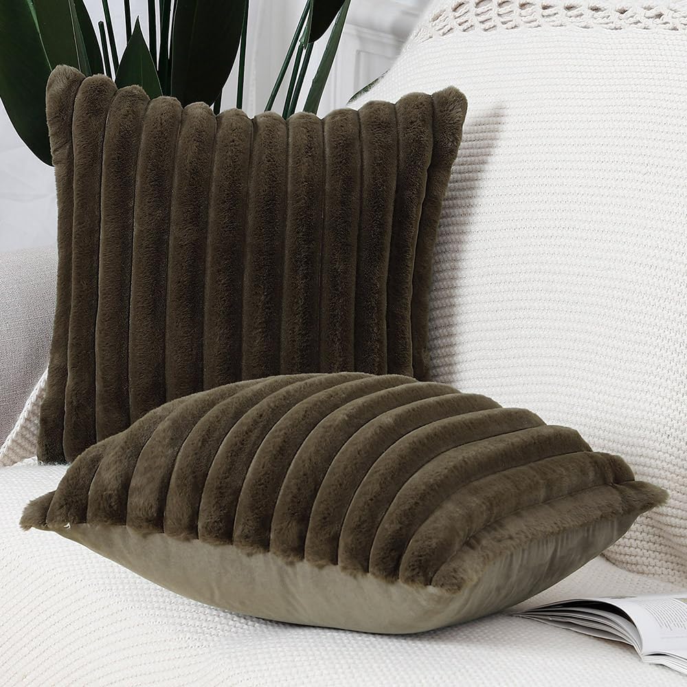 MADIZZ Set of 2 Faux Wool Plush Decorative Throw Pillow Covers 24x24 Inch Drak Brown Fluffy Striped Soft Decorative Cushion Cover for Sofa Bedroom Pillow Shell