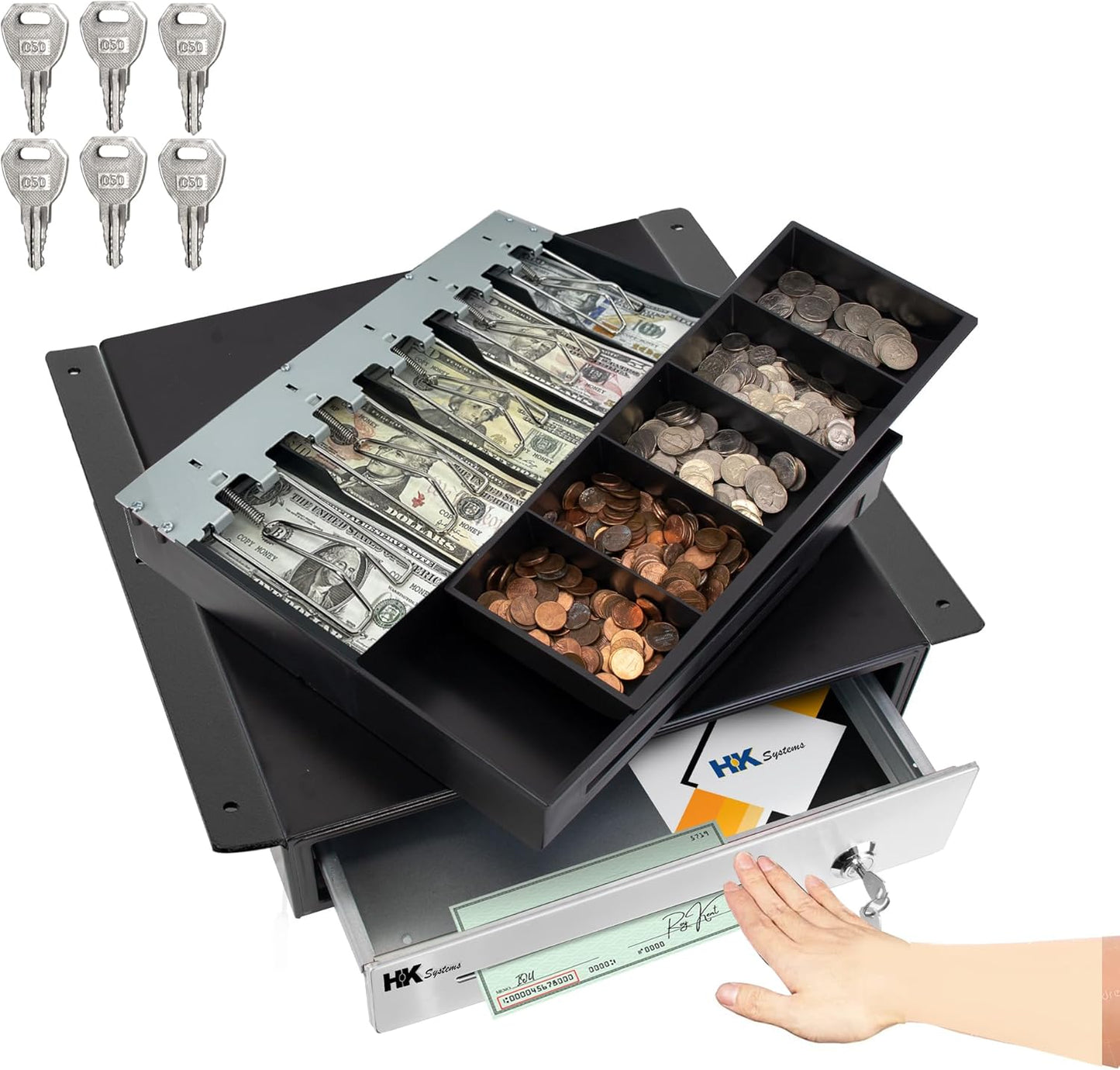 HK SYSTEMS 16" Heavy Duty Black "Push" Open Cash Drawer, 5B5C with Under Counter Mounting Metal bracket