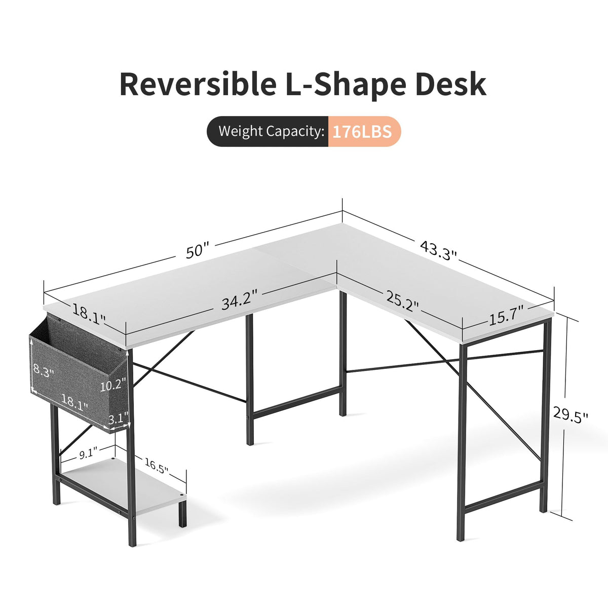 L Shaped Desk Gaming Computer 50 Inch Reversible Corner Table PC Work Table for Writing Study Student with Wood Tabletop Metal Frame CPU Stand Side Bag for Home Office Small Place