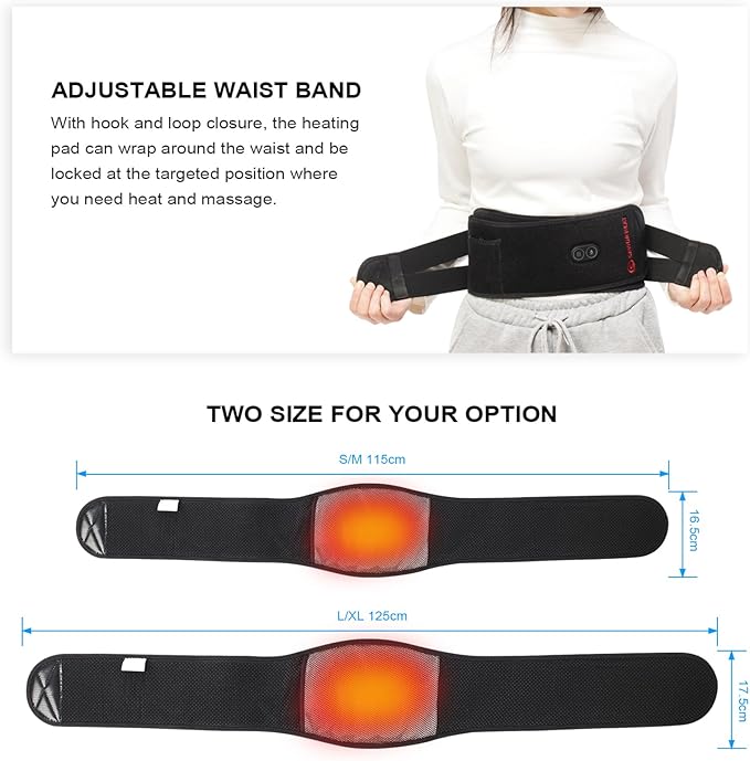 Heating Pad Lower Back Massager Wrap for Back Pain Relief, Heated Waist Belt with Vibration Massage 7.4V 4400mah Battery Heat Therapy, for Lower Back Lumbar Waist Abdominal Stomach Spine (Small)