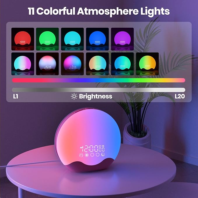 Wake up Light, Sunrise Alarm Clock with 10,000 Lux Therapy Light, Light Therapy Lamp with 20 Brightness & 4 Color Temperature, 11 Color Lights, Dual Alarm & Snooze Function