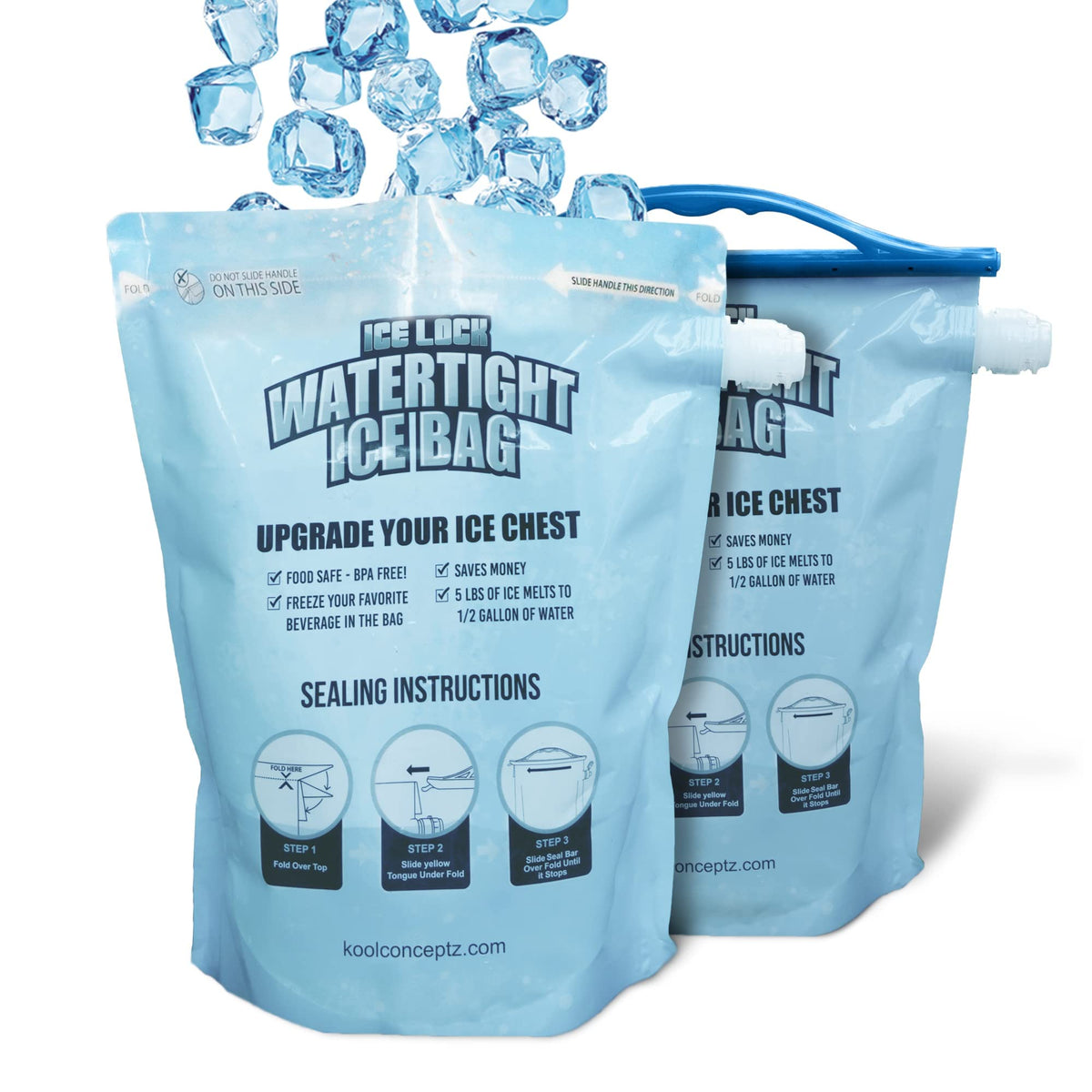 ICE LOCK Reusable Ice Packs for Coolers - Large Leakproof Ice Bags - Refillable with Cubed Ice, No Freezer Needed - 4 Layer Waterproof - Cold & Dry Storage with Drinkable Meltwater - (Pack of 2)