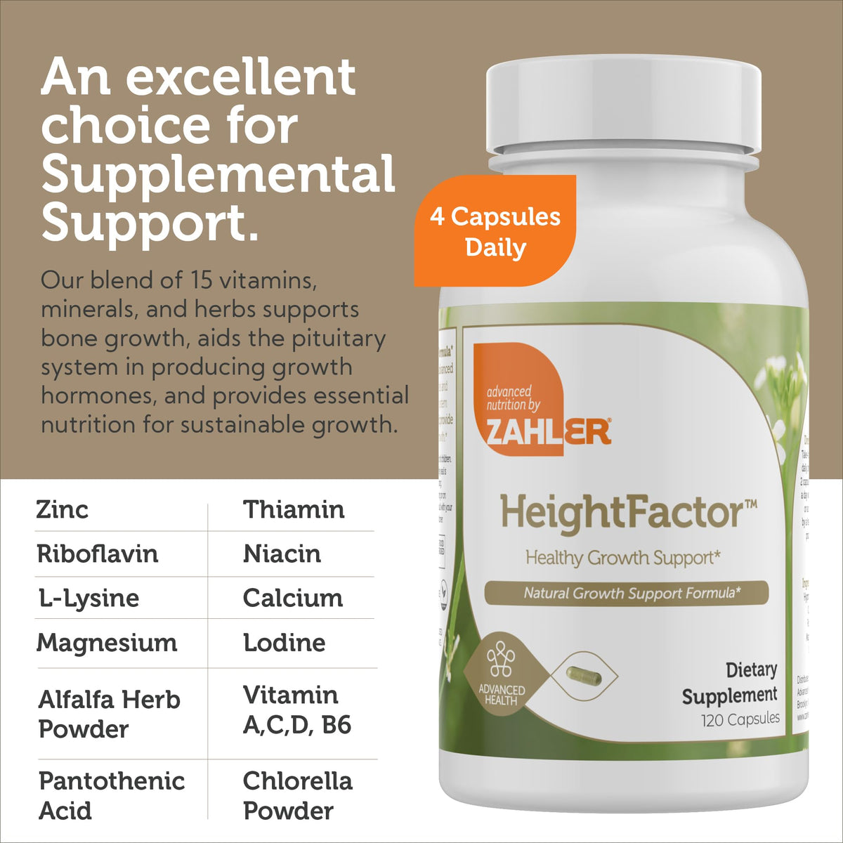 Zahler - Height Factor Healthy Growth Support Vitamin & Mineral Capsules (120 Count) - Kosher Height & Growth Supplement for Kids, Teens & Young Adults - Grow Taller Growth Hormone Support Nutrients