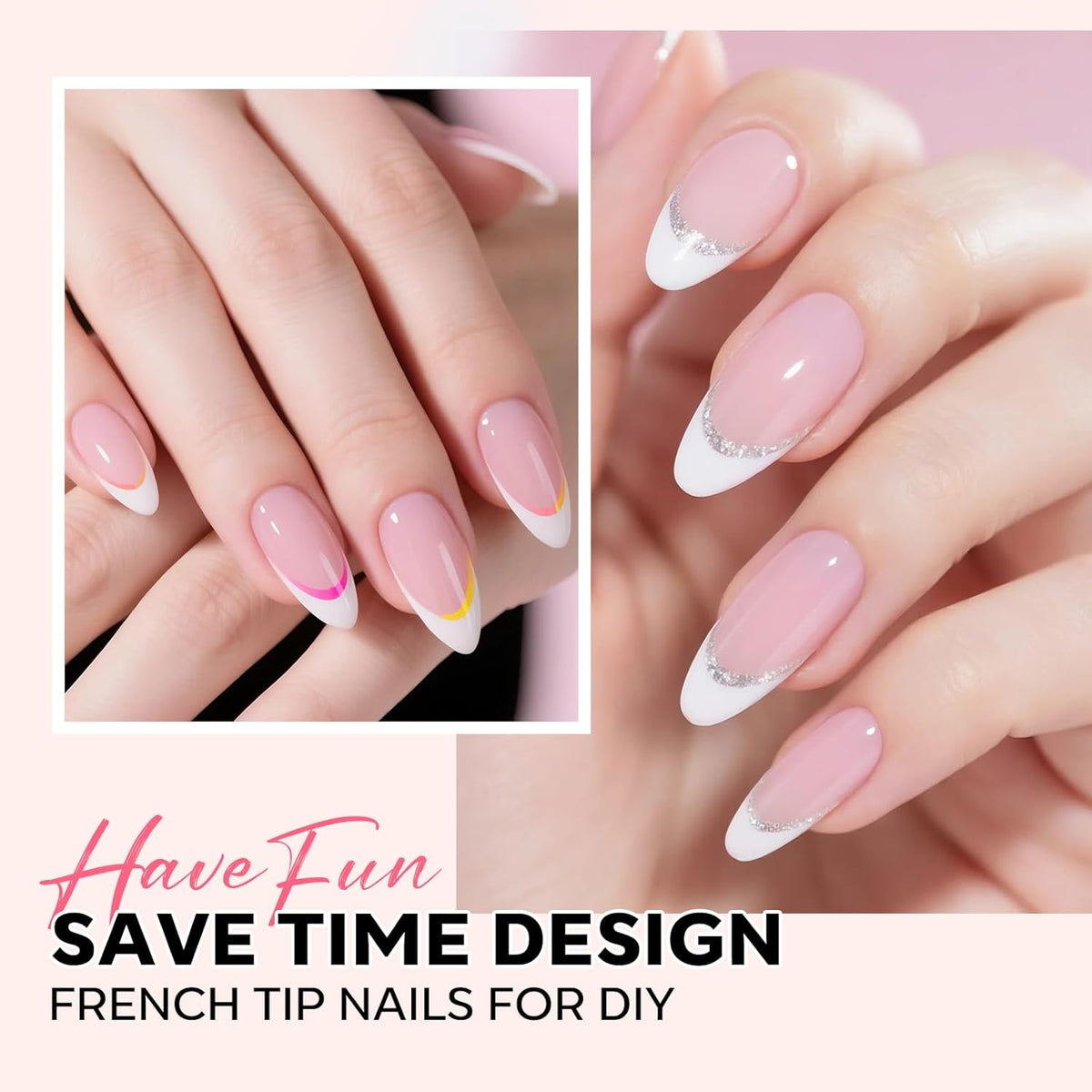 modelones French Tip Press on Nails, 150Pcs M-Almond Fake Nails with Nail Box, Pink & White Gel Nail Tips for Women, Soft Glue-On Nails for Natural Salon Look, DIY Nail Art Kit (15 Sizes)