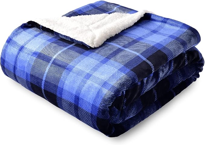 SOCHOW Sherpa Plaid Fleece Throw Blanket, Double-Sided Super Soft Luxurious Bedding Blanket 60 x 80 inches, Blue