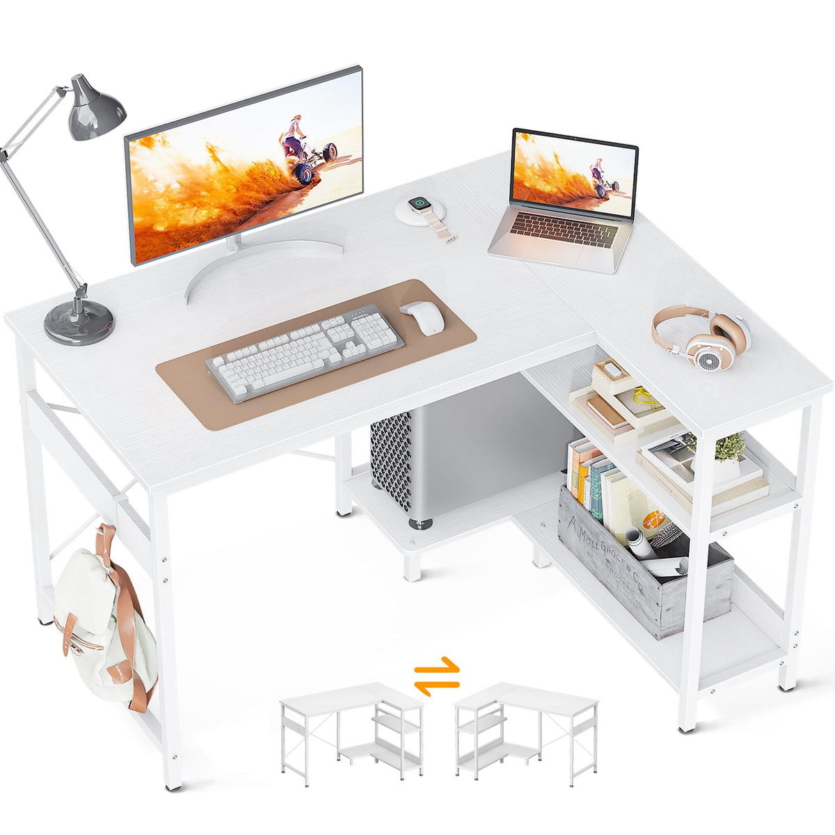 ODK 40 Inch Small L Shaped Computer Desk, Corner Desk with Reversible Storage Shelves, Modern Simple Writing Study Table with Iron Hook, White