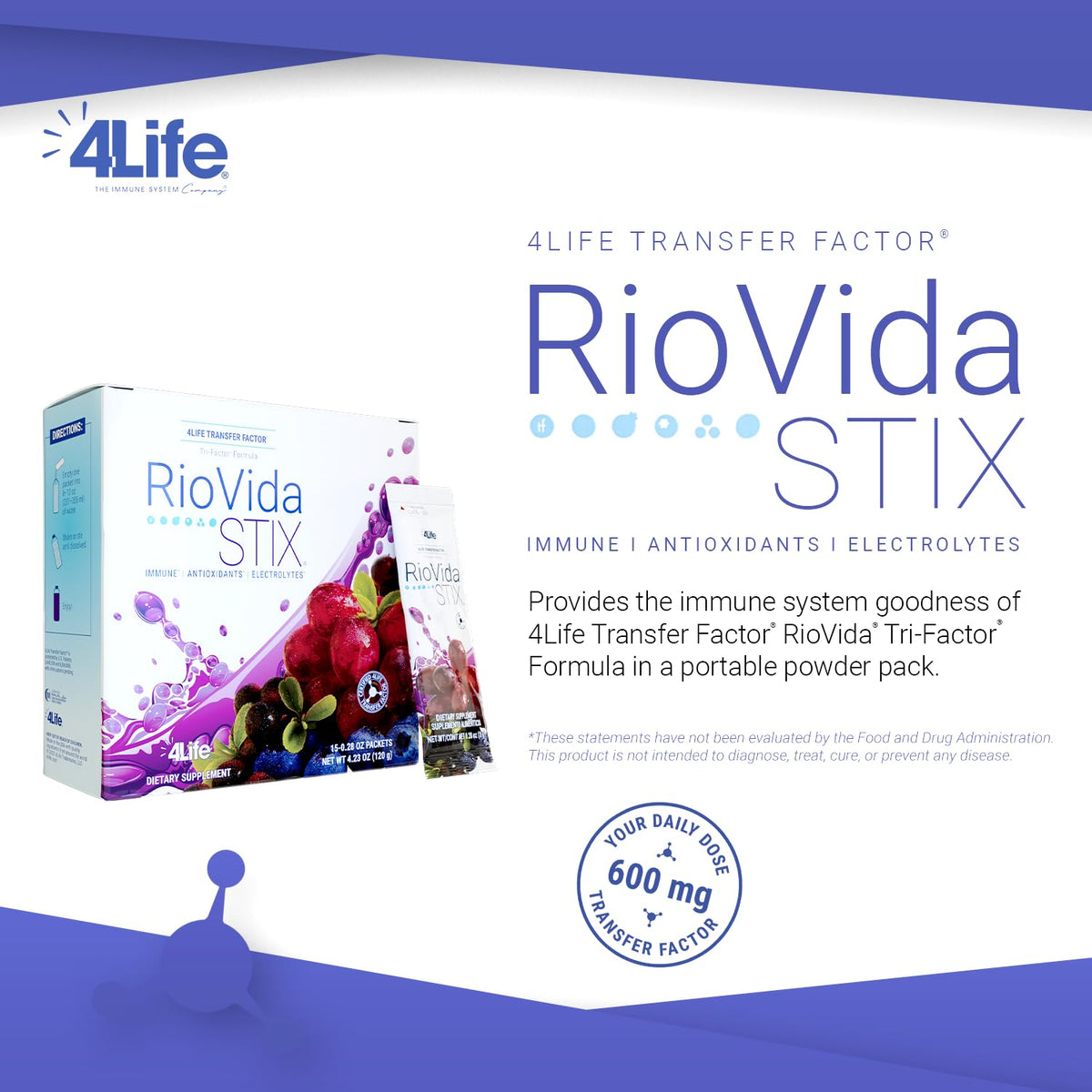 4Life - RioVida Stix - Immune Support Drink with Acai, Blueberry, Elderberry, Grape, Pomegranate, Electrolytes Powder - 15 Packets