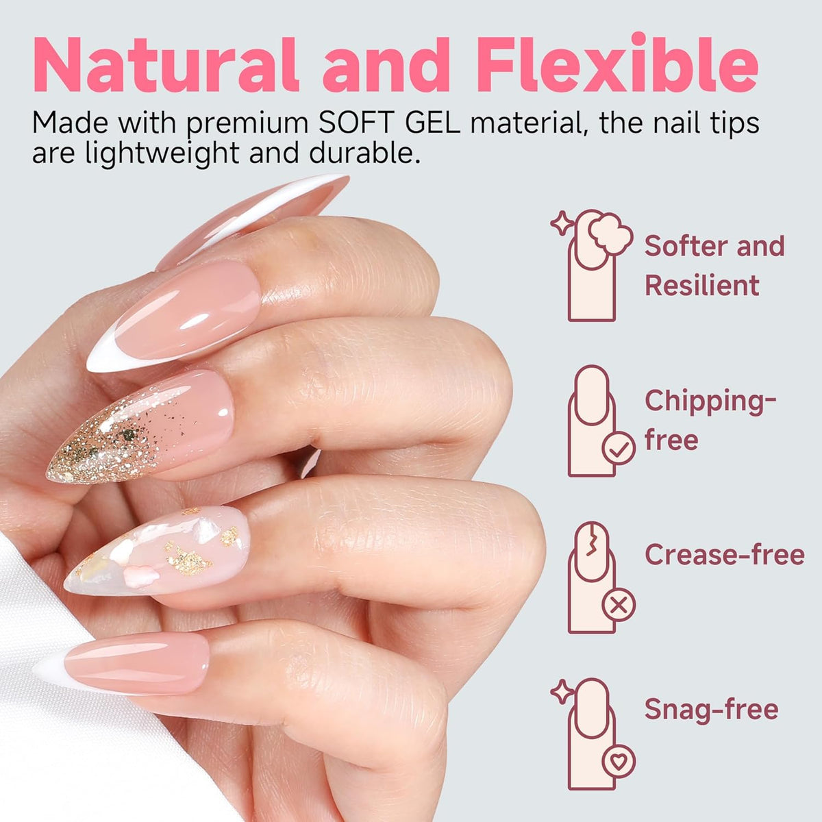 UNA GELLA Medium Stiletto Gel Nail Tips Halloween Full Cover 216Pcs Almond Shape Nails Tips Stiletto Pre etched Soft Gel Nails Tips Clear Fake False Nail Tips For Home Art Salon 12 Sizes