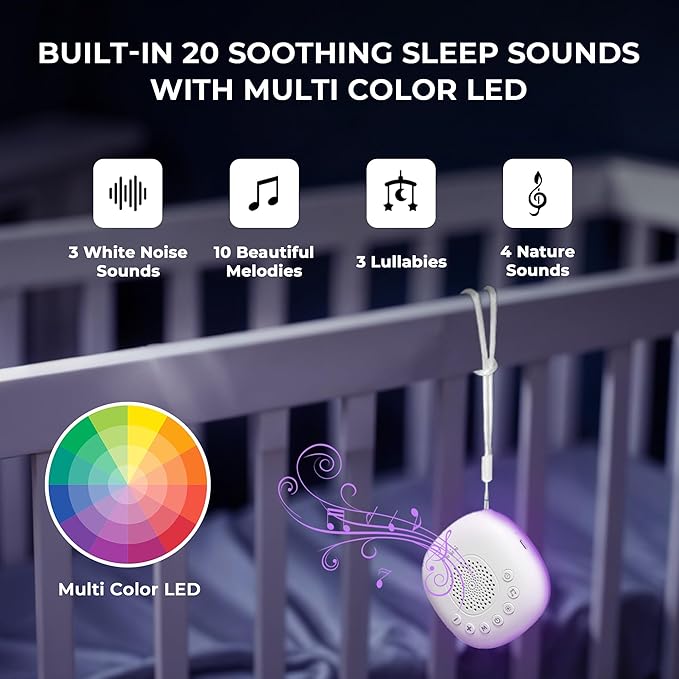 White Noise Machine | Portable Serenity Sound Machine with 20 Relaxing Sounds & RGB LED Night Lights | Compact Sleep Noise Machine for Sleep Aid and Relaxation with Adjustable Timer and Volume