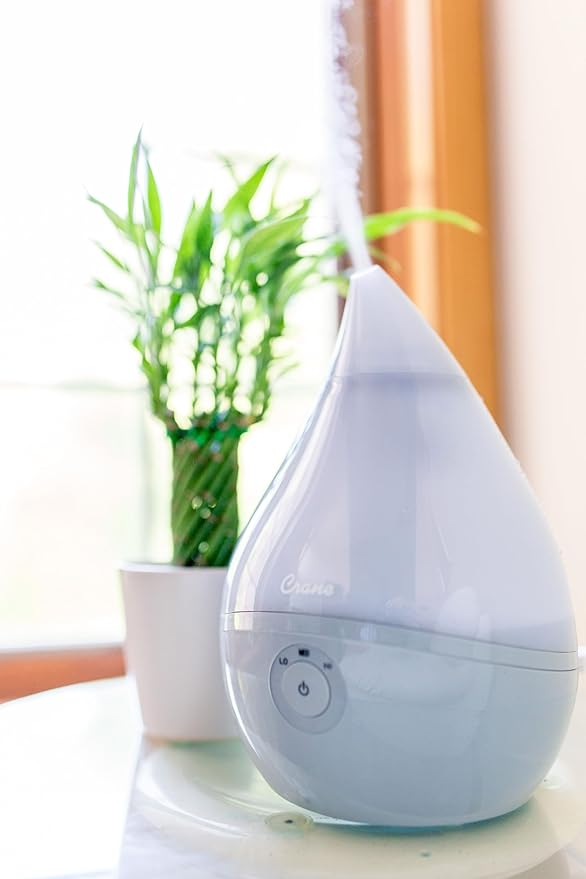 Crane Teardrop Ultrasonic Cool Mist Baby Humidifier for Nursery, Essential Oil Diffuser, Adjustable Settings, Auto Shut-Off, Grey, 0.5 Gallon