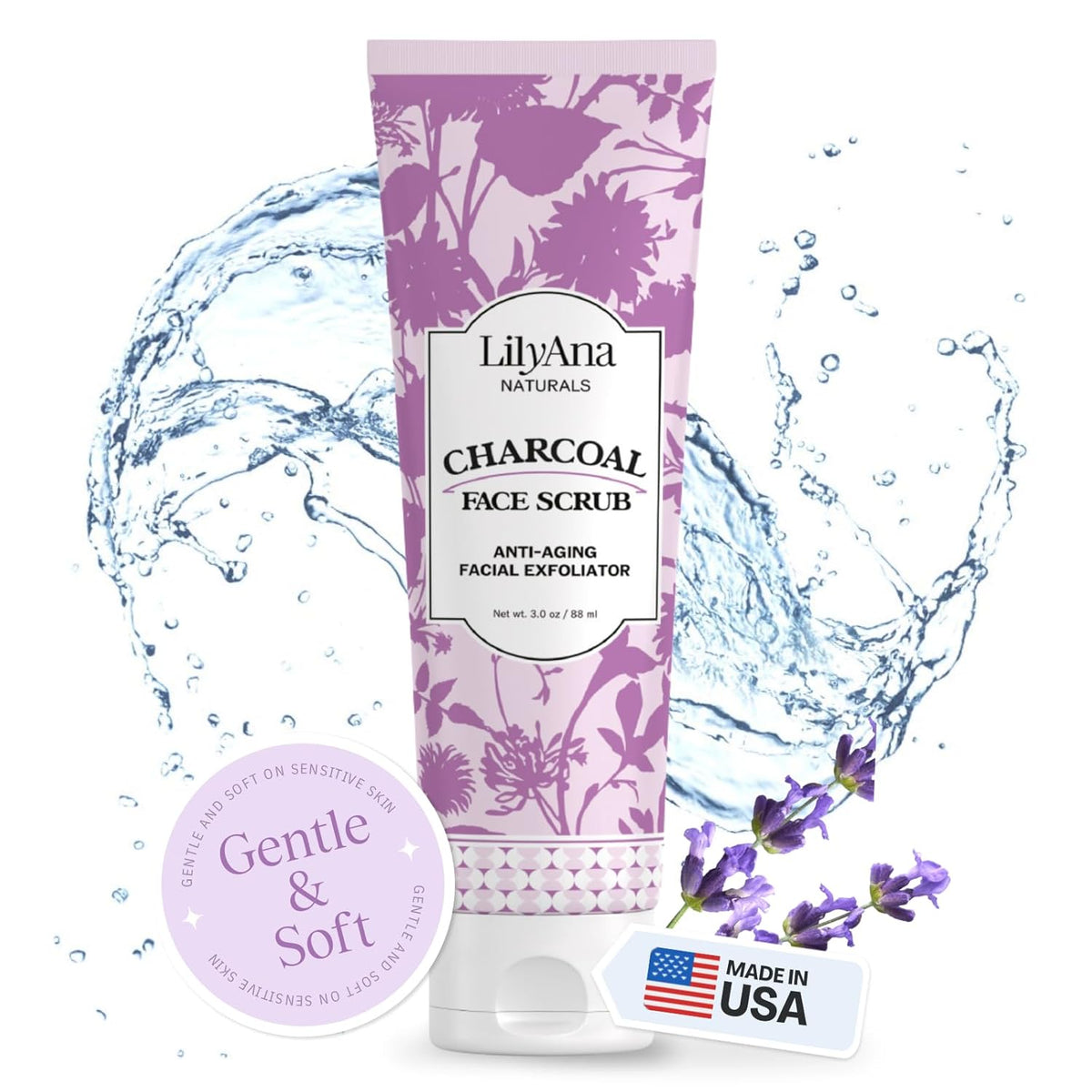 LilyAna Naturals Charcoal Face Scrub - Facial Exfoliator - Microdermabrasion Scrub - Facial Skin Care Products for Women and Men - Lavender and Tea Tree Oil - 3oz