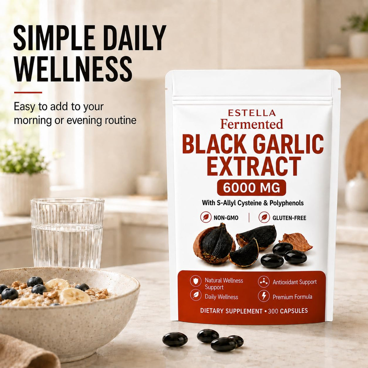 BYDNES LABS Estella Lanural Fermented Black Garlic Extract, Odorless Black Garlic Capsules, Vegan, Non-GMO, Gluten-Free, 300 Capsules