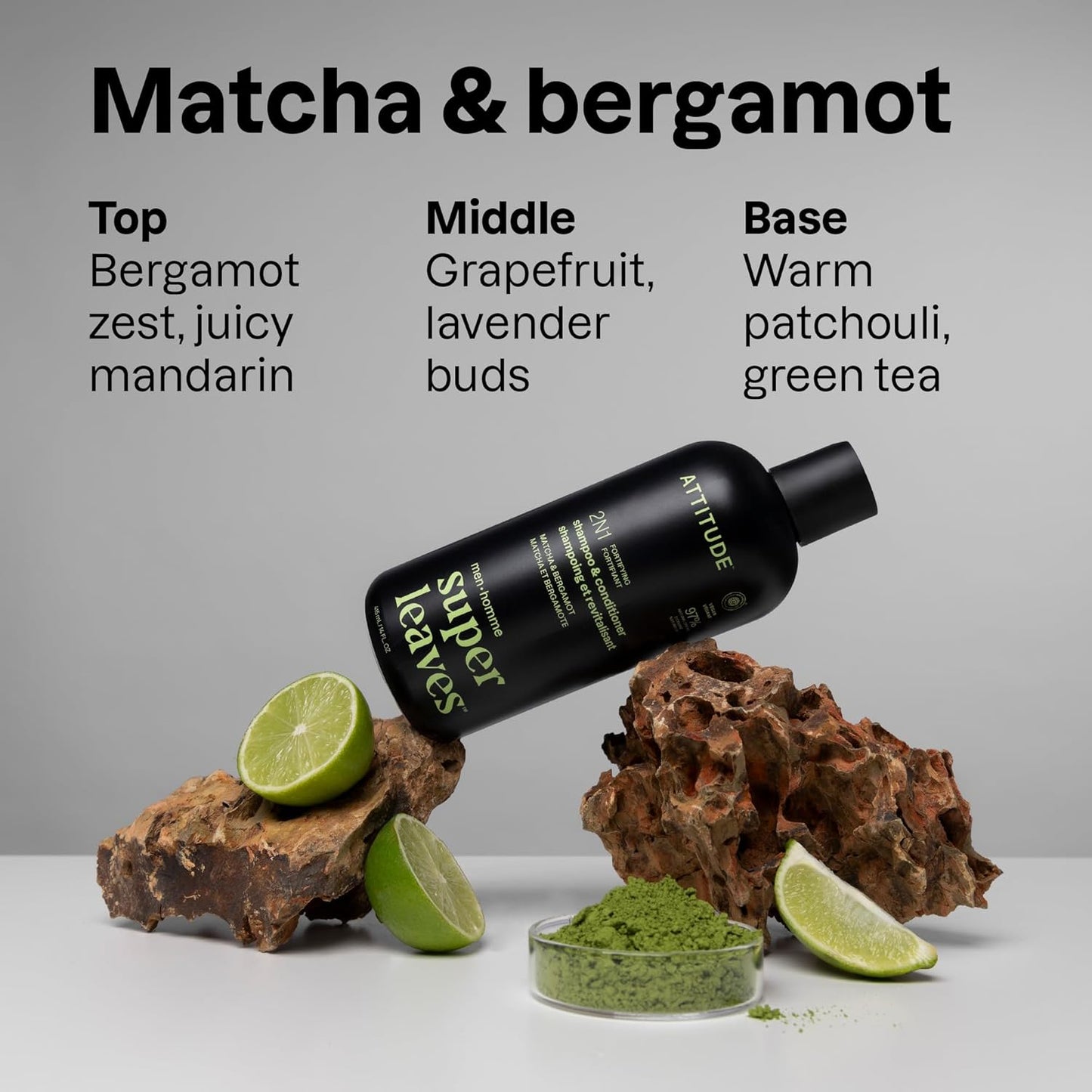 ATTITUDE Men's Shampoo and Conditioner 2-in-1, Fortifying For Fragile Hair, With Caffeine and Green Tea, 97% Natural Origin Ingredients, EWG Verified, Matcha & Bergamot, 14 Fl Oz (Pack of 3)