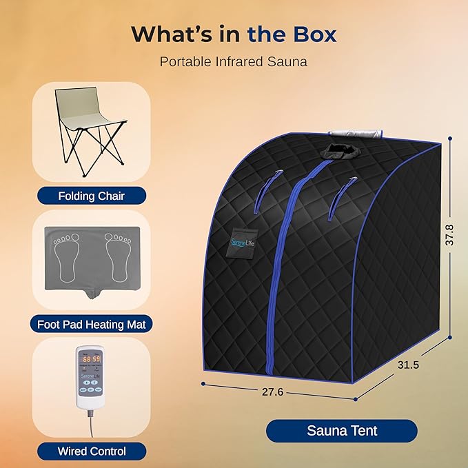 SereneLife Portable Sauna Box for Home, Infrared Sauna Tent with Heated Foot Pad and Folding Chair, Remote Control In-Home Spa, 38" x 32” - (Black)