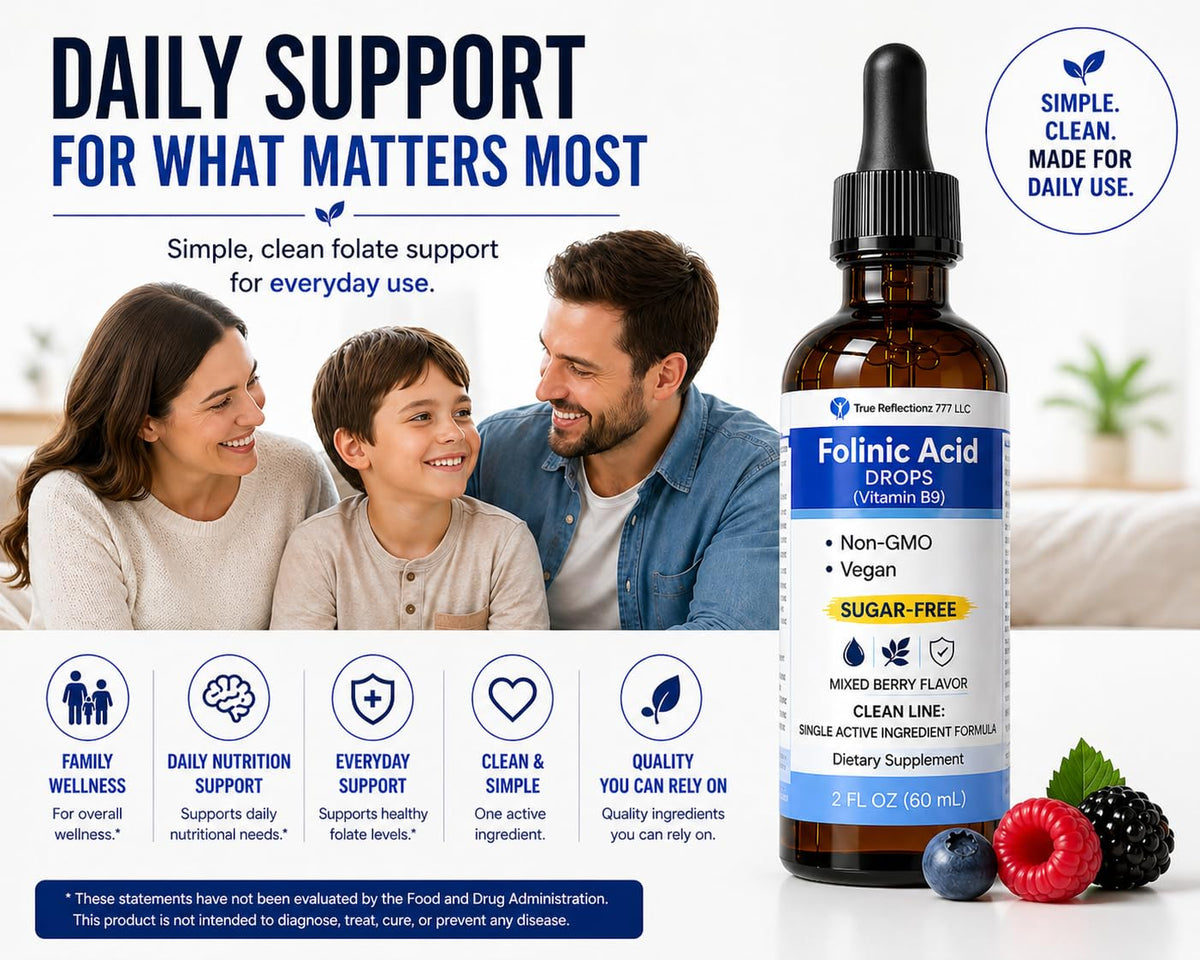 True reflectionz Folinic Acid Drops Kids & Adults - 500mcg Vitamin B9 Liquid Kids 60 mL | Methylation Support Supplement | Bioavailable Folate | Sugar Free, Non-GMO, Vegan | Gentle Methylation
