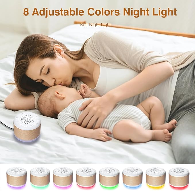 Solid Wood White Noise Sound Machine for Baby Adults Kids Sleep Sound Machine with 24 Soothing Sounds 8 Colors Night Light Timer Setting Function Portable Noise Machine for Gift (White, 3.93)