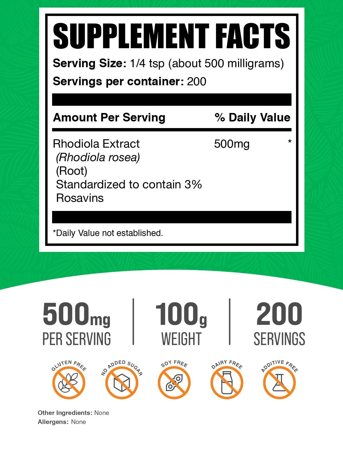BulkSupplements.com Rhodiola Rosea Extract - 3% Rosavin, Rhodiola Extract - Rhodiola Root Extract, Rhodiola Supplement - Vegan & Gluten Free, 500mg per Serving, 100g (3.5 oz) (Pack of 1)