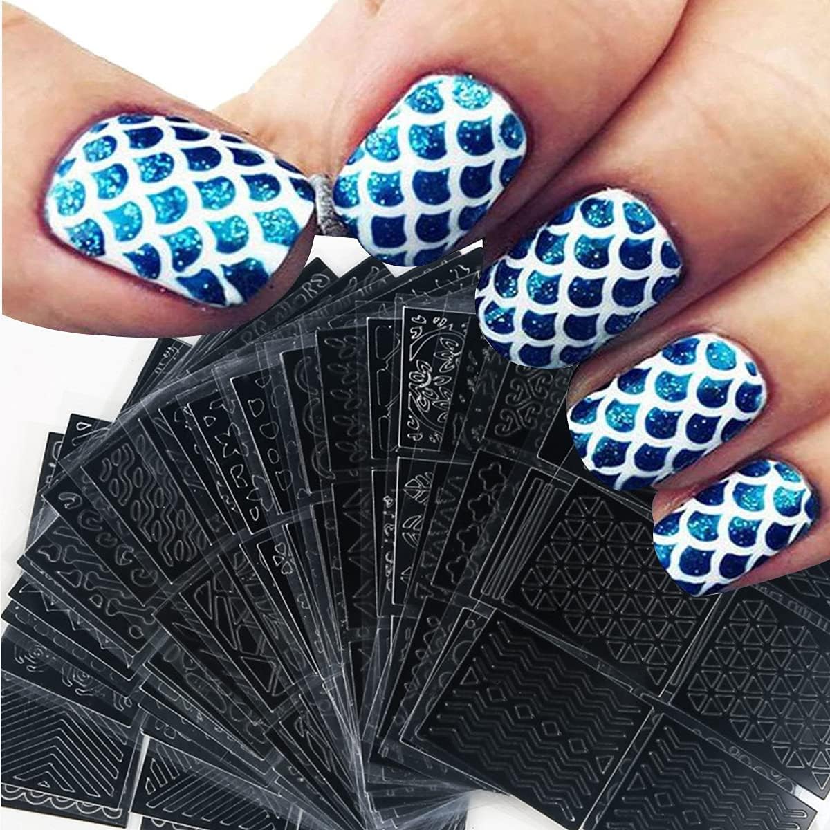Nail Stencils for Nail Art Reusable,Nail Vinyl Stencils Sticker 144 Pieces 72 Designs,Hollow DIY Manicure Decoration Decals French Tip Nail Guides Supplies（24 Sheets）.