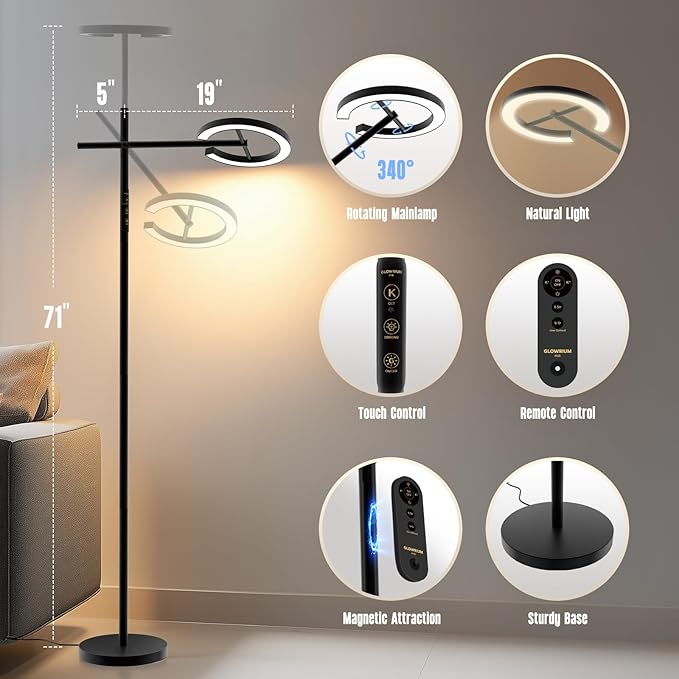GLOWRIUM-H1B Light Therapy Lamp 12000 Lux, LED UV-Free Sun Lamp, Full Spectrum Happy Natural Mood Therapy, Stepless Dimmable Modern Sunlight Floor Light with Remote and Timer