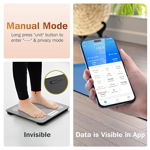 Smart Scale with BMI Body Fat Muscle Mass Bluetooth Digital Privacy Bathroom Scale for Body Weight Weighing Machine for People with App, Anti-Peeking Screen Invisible Outside 6Ft