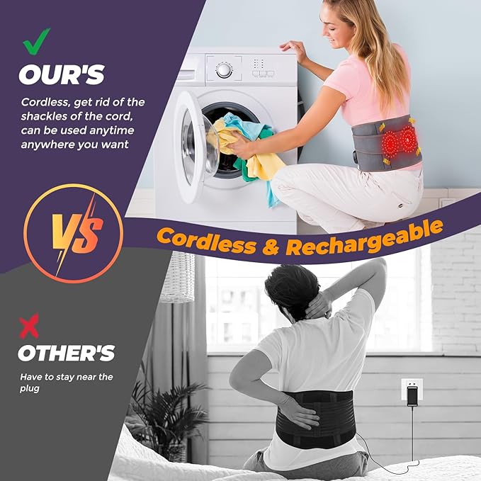 Cordless Heating Pad for Back, Lower Back Massager, Heated Back Brace with 3 Heating & Vibration Modes, Lumbar Support Belt for Men & Women