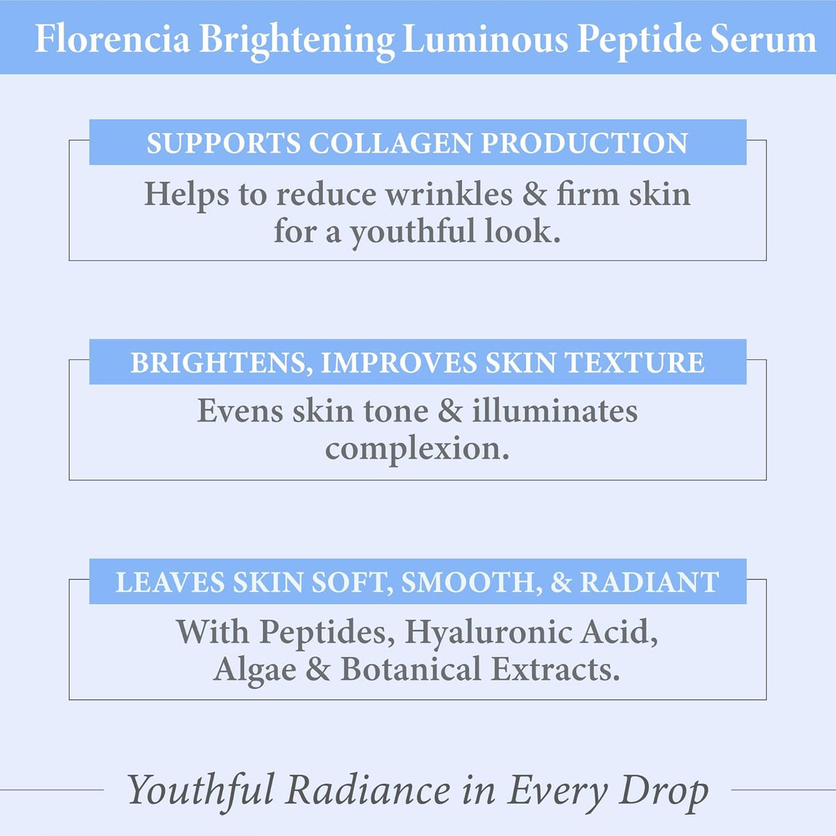 Florencia Brightening Luminous Peptide Serum - Age-Defying Face Serum with Peptides, Sodium Hyaluronate & Organic Botanicals – Helps to Reduce Wrinkles, Illuminate Complexion, 1 Oz