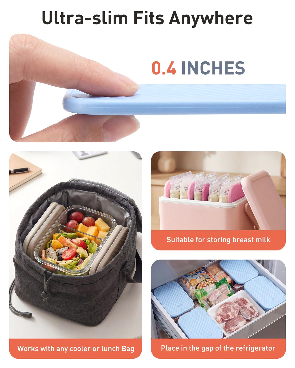 TOURIT Slim Ice Packs for Lunch Boxes and Coolers, 4 Pack Reusable Lunch Box Ice Packs, Long Lasting BPA-Free Non-Toxic Freezer Packs for Lunch Bags, Travel, Picnic or Camping, Brown