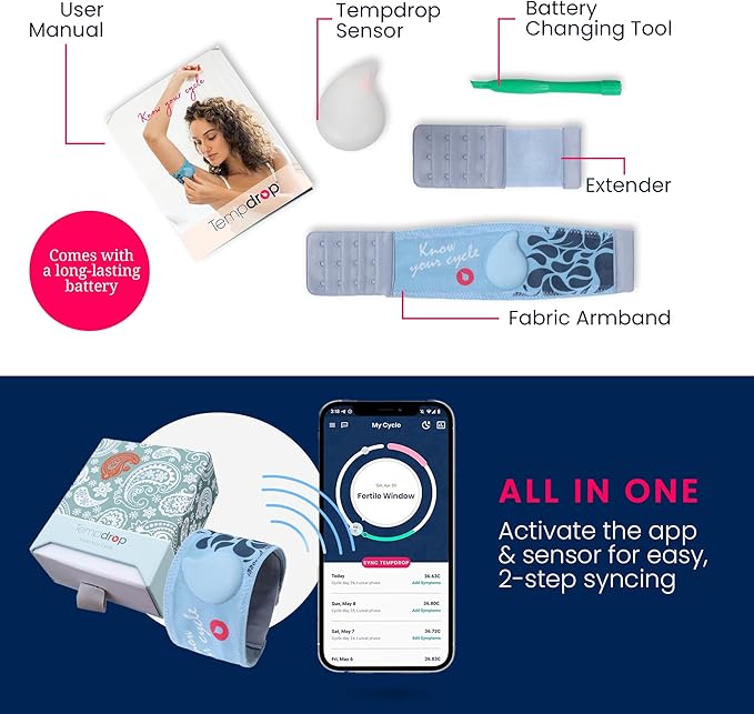 Tempdrop Fertility and Ovulation Digital Thermometer Tracker – Wearable Basal Body Temperature (BBT) Monitoring Sensor and Fertility Charting App Includes Comfortable Armband (S/M – 8.5-15.5 inch)