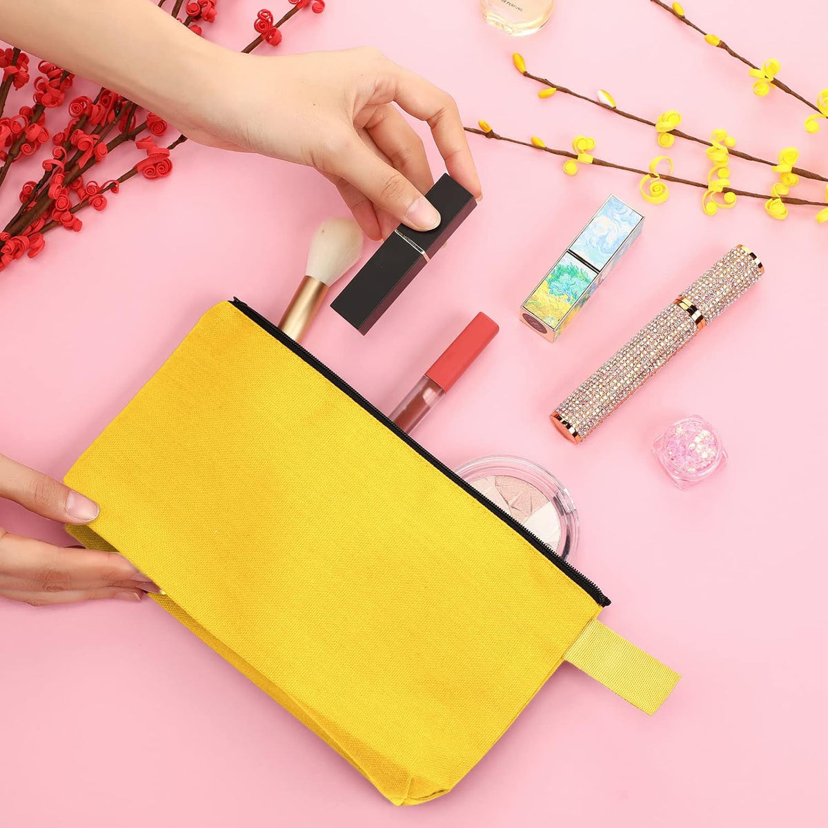 Reginary 60 Pieces Canvas Makeup Bags Bulk Cute Travel Cosmetic Pouch Multipurpose Blank Small Toiletry Bag DIY with Zipper for Women Teens Operation Christmas Gifts Items, 15 Colors(8.6 x 5 x 2 Inch)