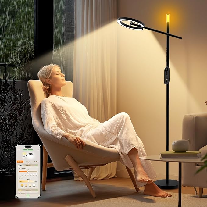 GLOWRIUM-H1 Smart Light Therapy Lamp 10000 Lux, LED UV-Free Sun Lamp, Circadian Rhythm, Full Spectrum Happy Light, Stepless Dimmable Energy Sunlight with App and Remote, Timer, Sleep Aid and Wake Up