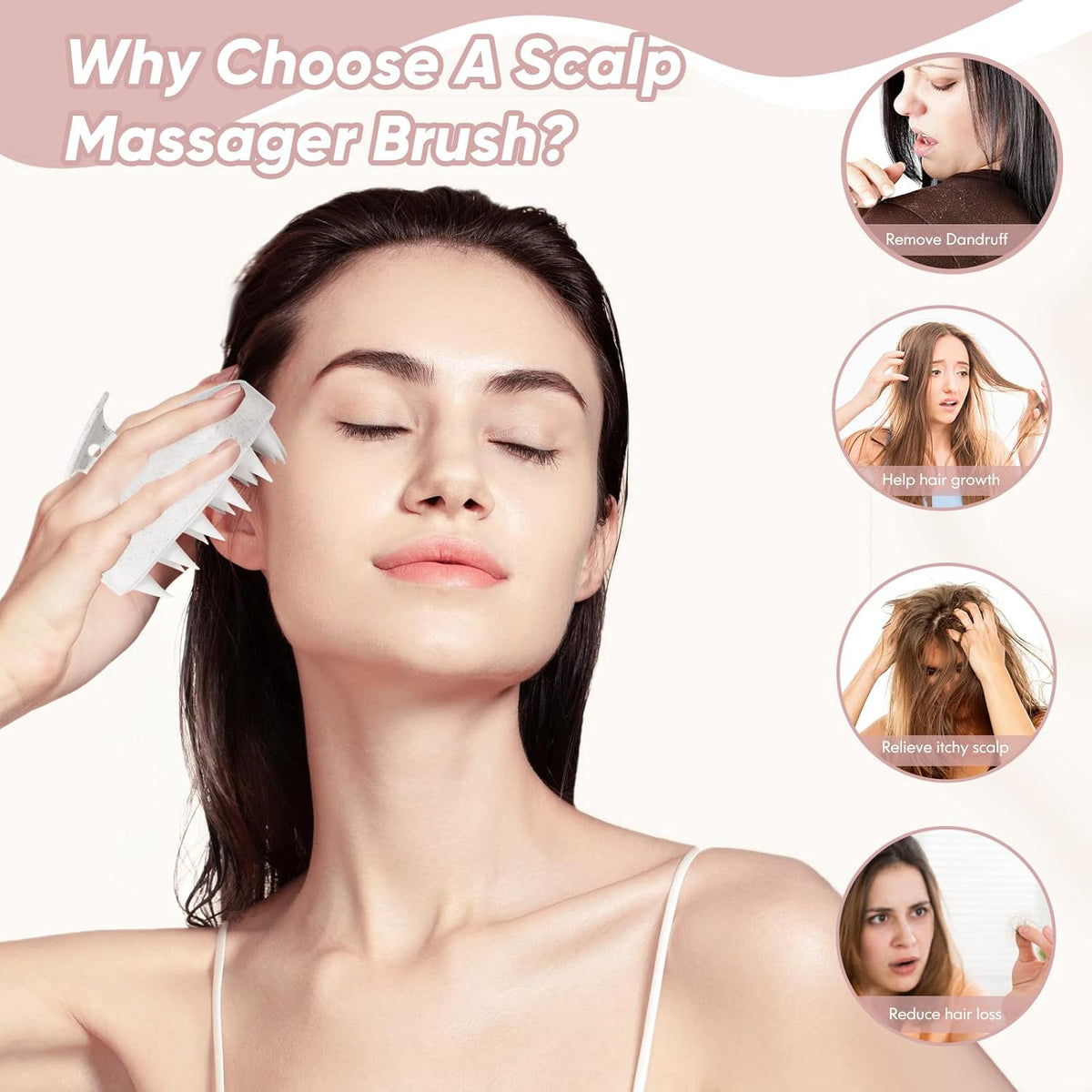 URTHEONE Scalp Massager Shampoo Brush, Hair Scalp Scrubber Head Massager with Soft Silicone Bristles for Women Men Kids Pets Shower and Hair Growth(Beige) Includes 5 Pcs Hair Ties