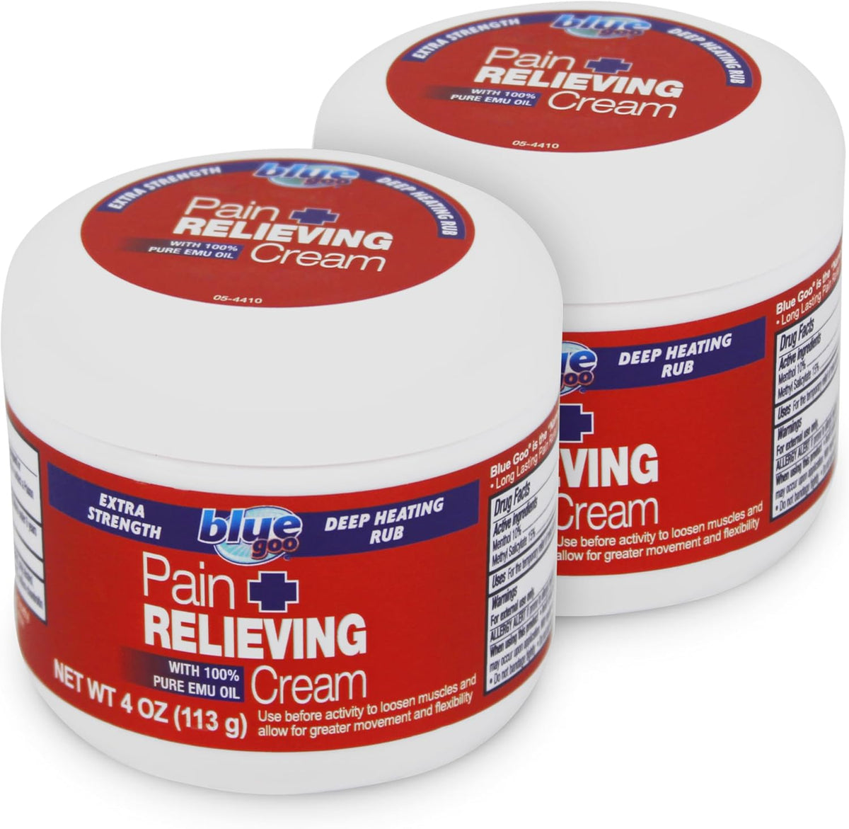 Blue Goo Pain Relieving Cream – FSA & HSA Eligible, for Back/Neck Pain, Sports-Related Muscle/Joint Pain, Sprains, Strains, Maximum Strength, Deep Heating Rub, Made w/ 100% Pure Emu Oil, 4 oz (2 Pack)