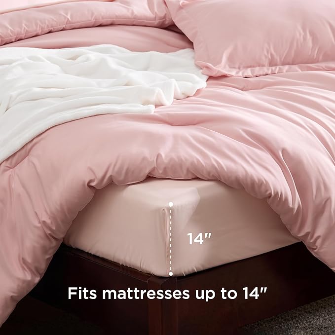 Bedsure Queen Comforter Set Pink, 8 Pieces Prewashed Queen Size Bed in a Bag with Soft Fleece Bed Blanket, Down Alternative Bedding Set for All Seasons, Sheets, Pillowcases & Shams