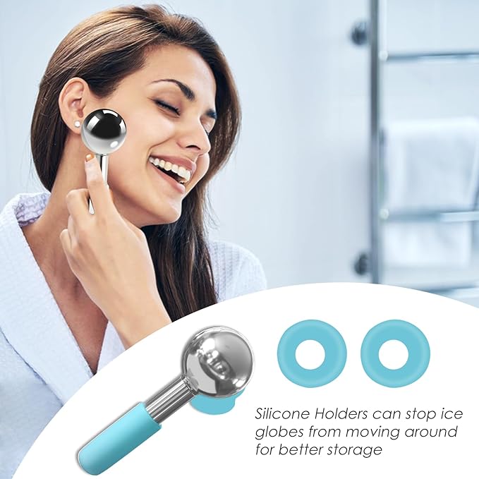 Rotating Stainless Steel Ice Globes for Facials, Unbreakable Ice Globe Cooling Roller Balls for Face, Neck, Eyes Skin Care, Cryo Sticks to Reduce Dark Circles, Puffiness, Wrinkles, Anti-Aging, Blue